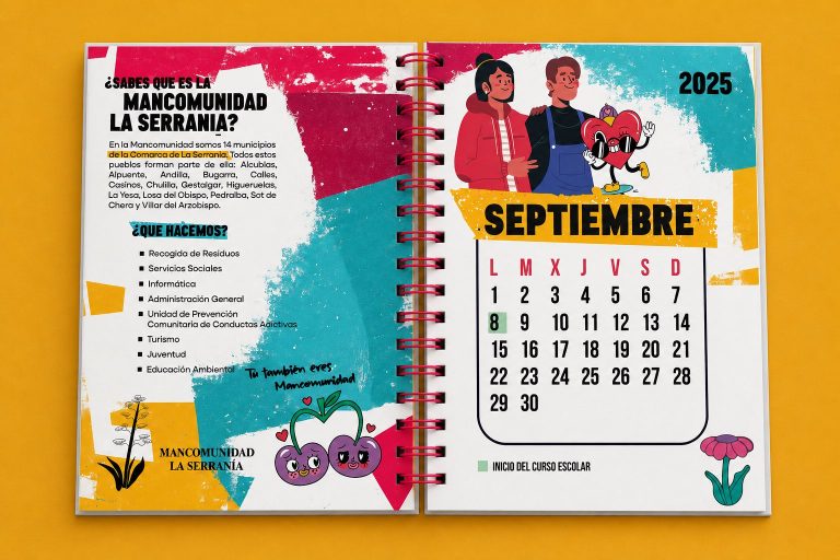 ágina informativa sobre municipios de La Serranía y diseño de calendario mensual de septiembre.